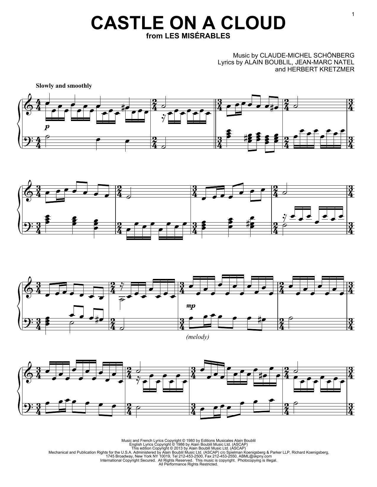 Les Miserables (Musical) Castle On A Cloud sheet music notes and chords arranged for Piano Solo
