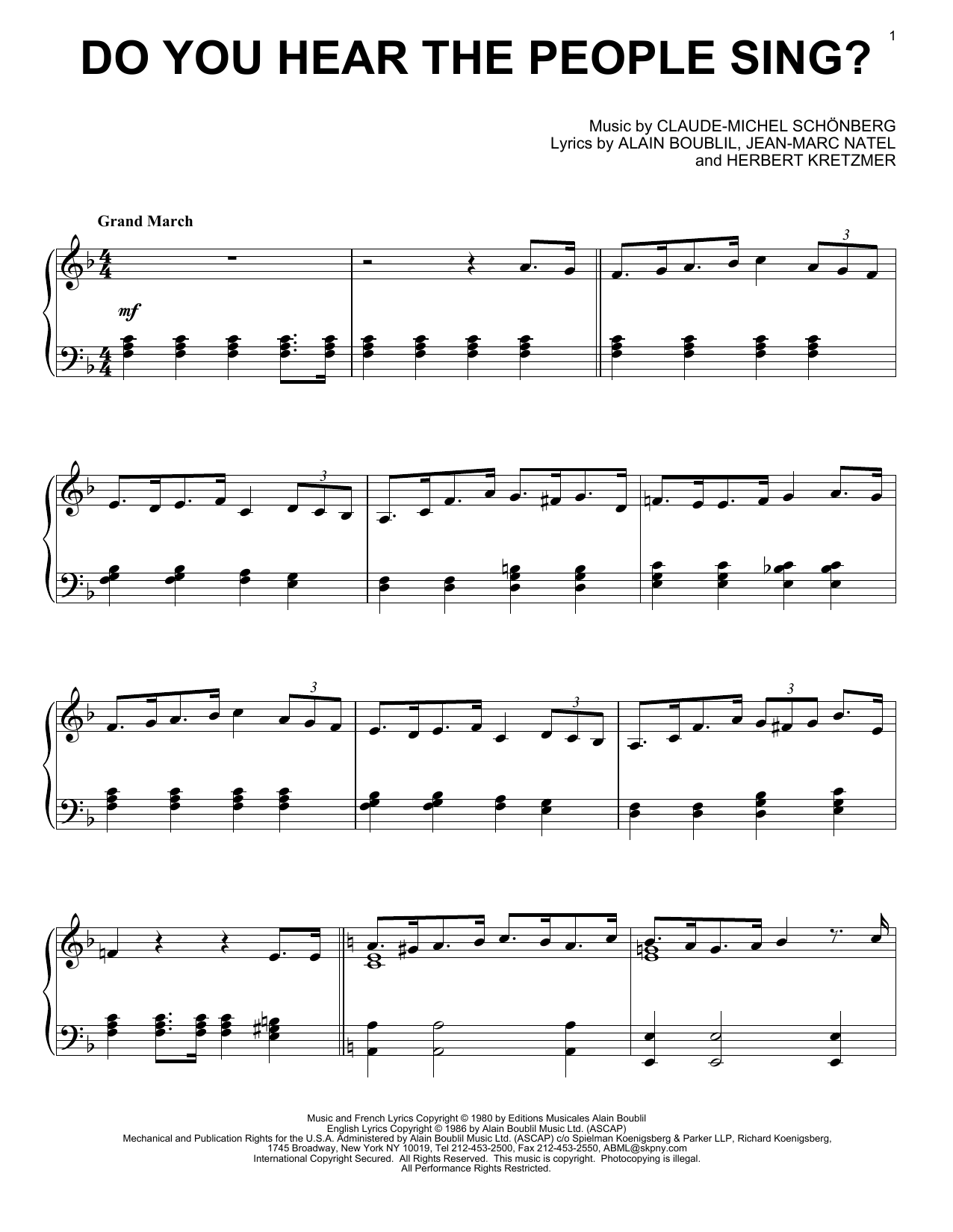 Les Miserables (Musical) Do You Hear The People Sing? sheet music notes and chords arranged for Piano Solo