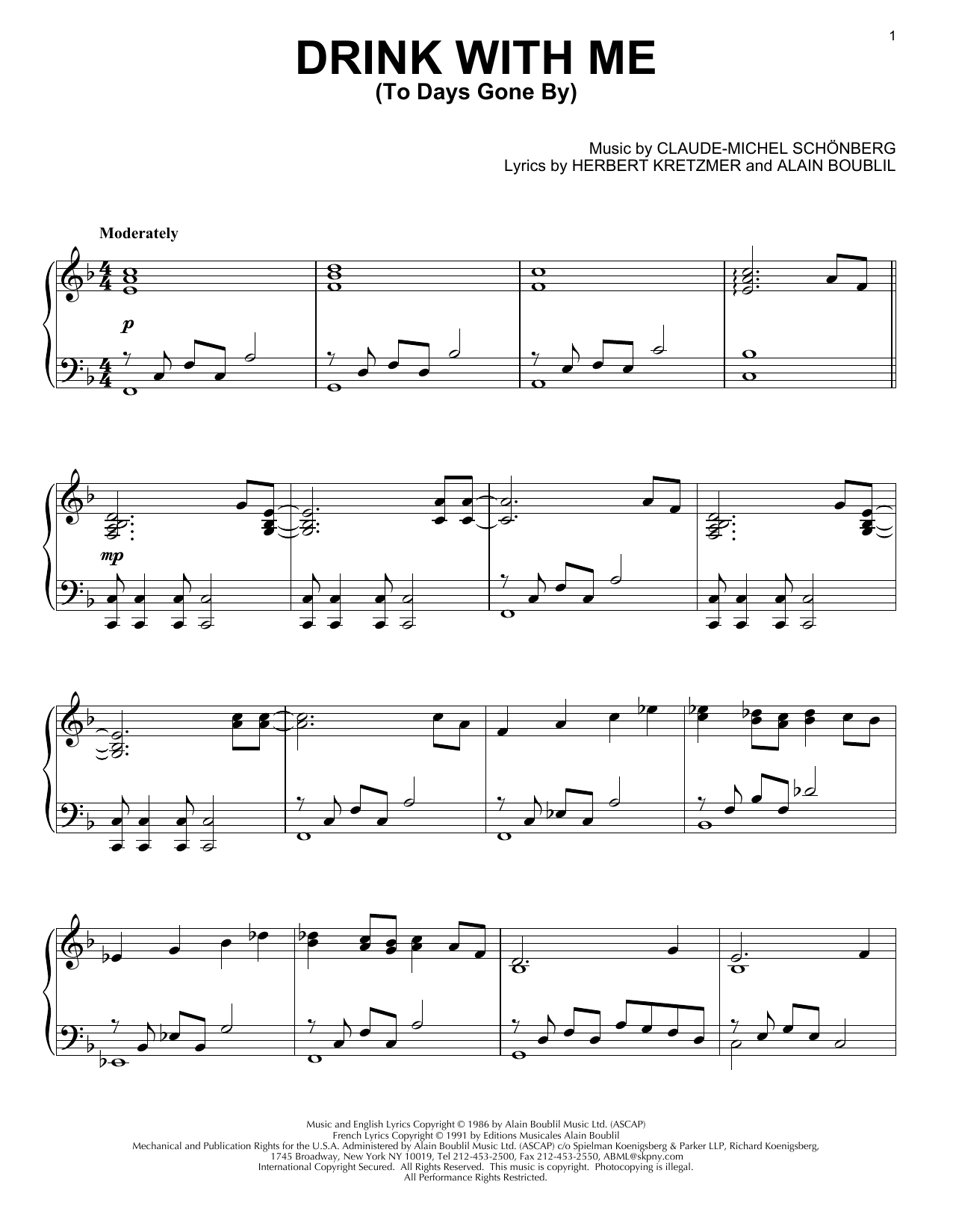 Les Miserables (Musical) Drink With Me (To Days Gone By) sheet music notes and chords arranged for Piano Solo