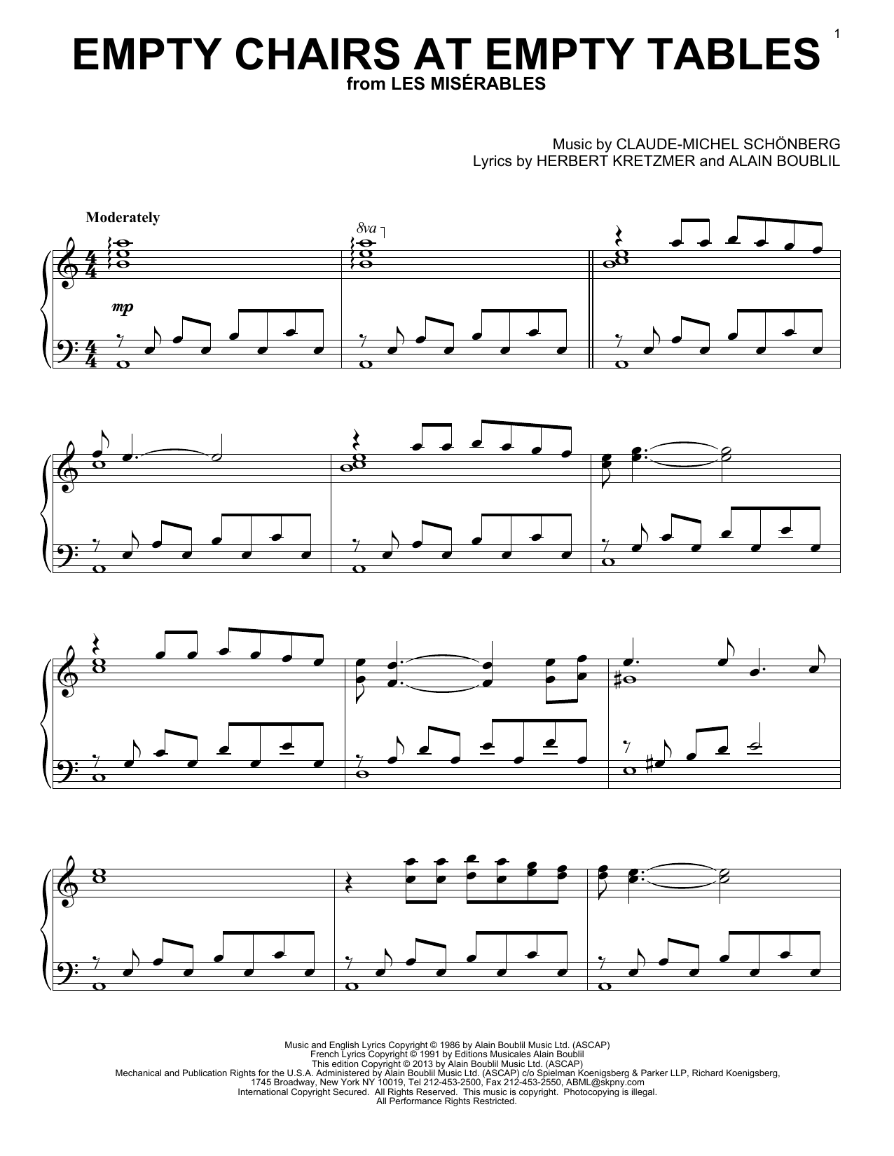 Les Miserables (Musical) Empty Chairs At Empty Tables sheet music notes and chords arranged for Piano Solo