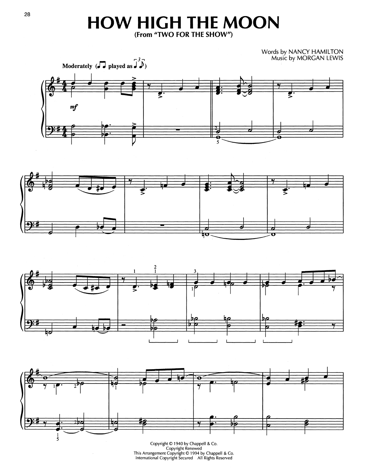 Les Paul & Mary Ford How High The Moon (from Two For The Show) (arr. Bill Boyd) sheet music notes and chords arranged for Piano Solo