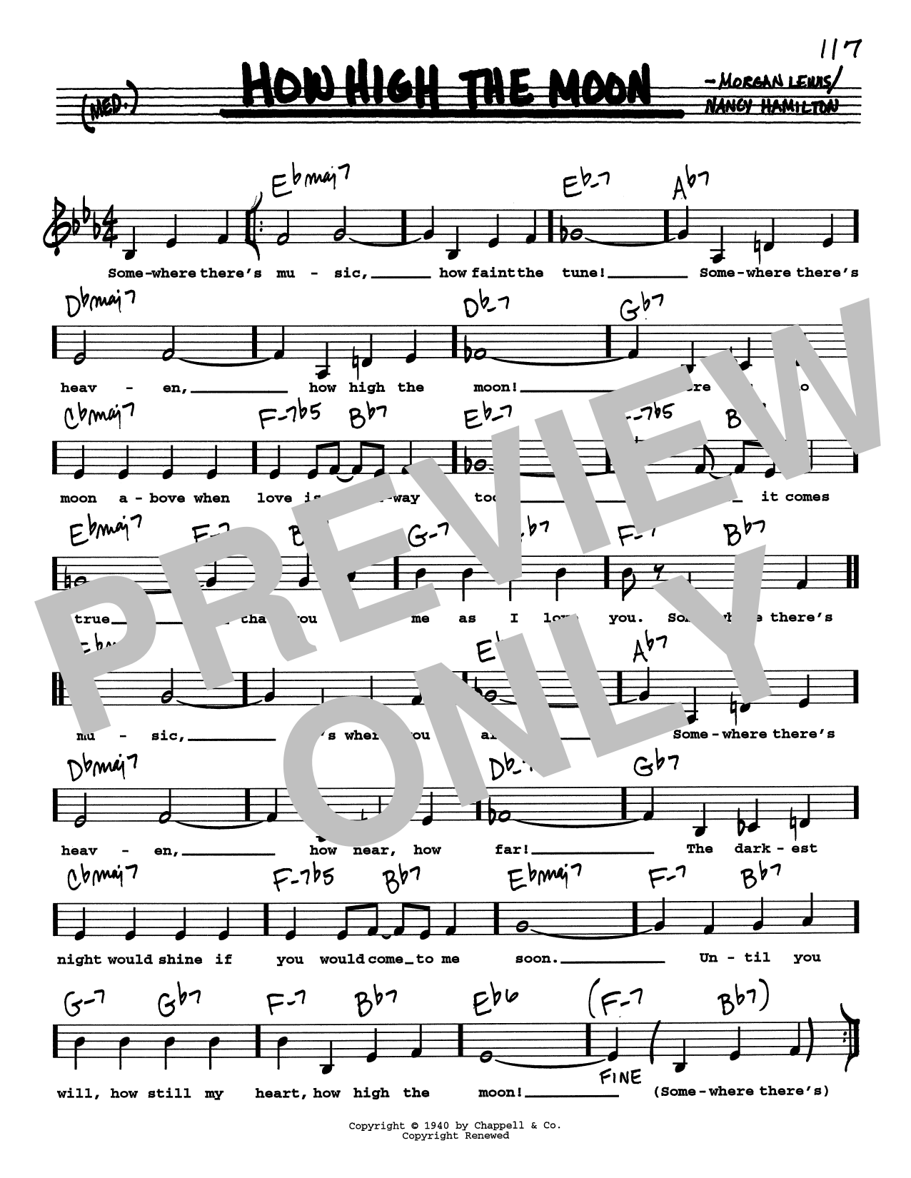 Les Paul & Mary Ford How High The Moon (Low Voice) sheet music notes and chords arranged for Real Book – Melody, Lyrics & Chords