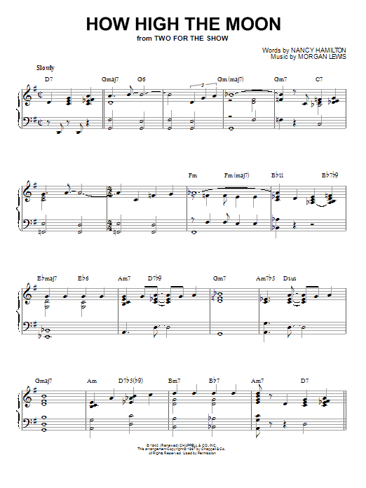Les Paul & Mary Ford How High The Moon sheet music notes and chords arranged for Piano Solo