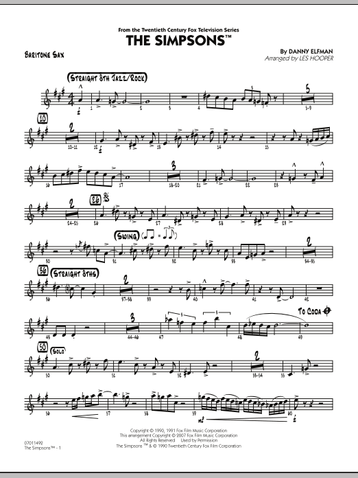 Les Hooper The Simpsons - Baritone Sax sheet music notes and chords. Download Printable PDF.