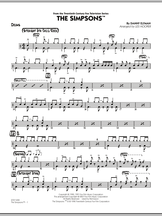 Les Hooper The Simpsons - Drums sheet music notes and chords. Download Printable PDF.