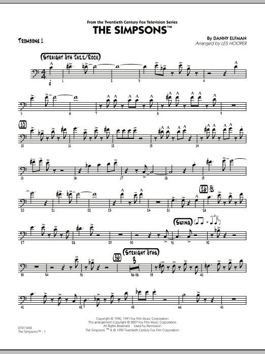 Les Hooper The Simpsons - Trombone 1 sheet music notes and chords. Download Printable PDF.