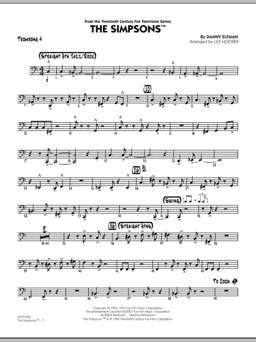 Les Hooper The Simpsons - Trombone 4 sheet music notes and chords. Download Printable PDF.