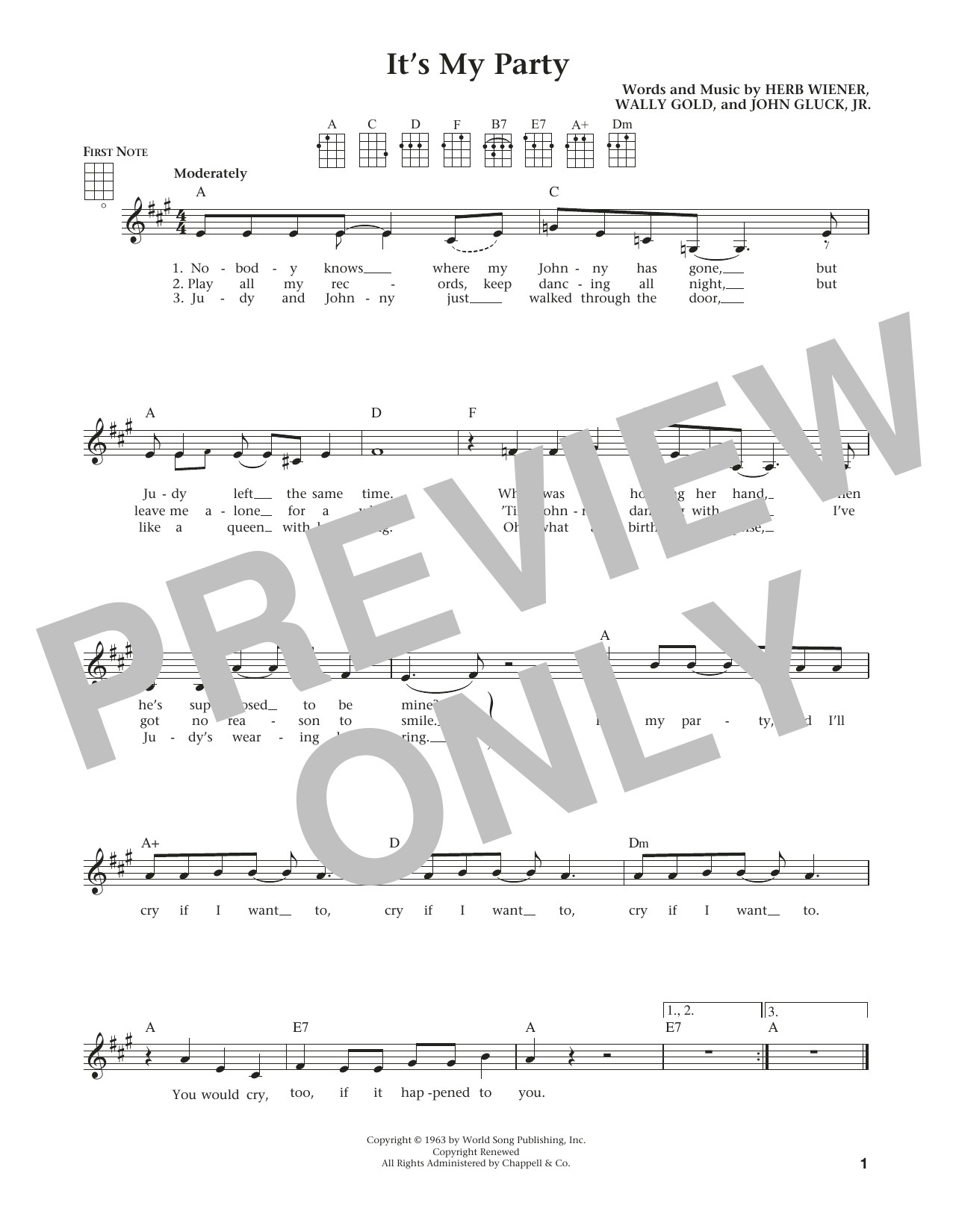 Lesley Gore It's My Party (from The Daily Ukulele) (arr. Liz and Jim Beloff) sheet music notes and chords arranged for Ukulele