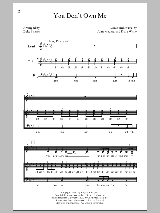 Lesley Gore You Don't Own Me (arr. Deke Sharon) sheet music notes and chords arranged for SATB Choir
