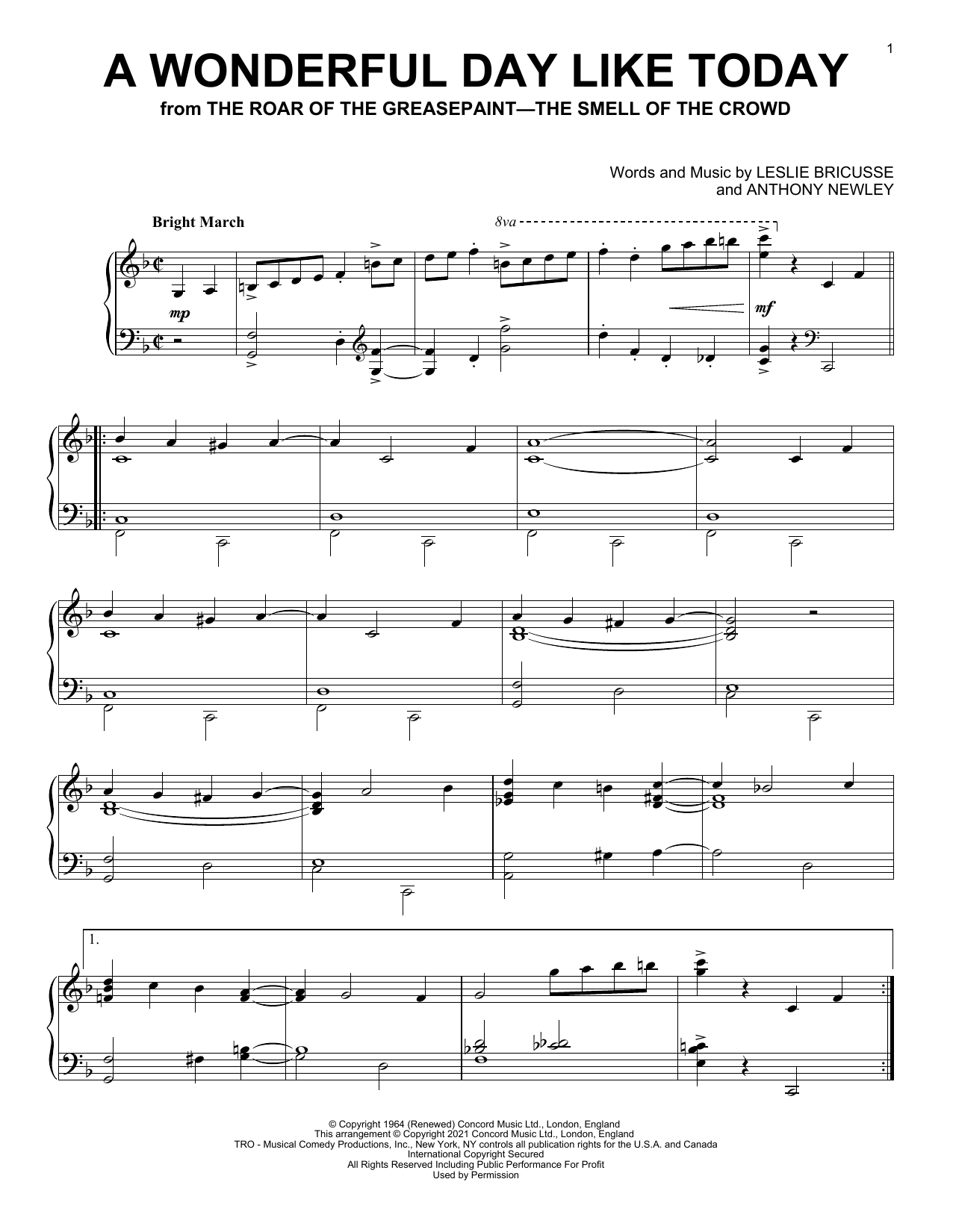 Leslie Bricusse & Anthony Newley A Wonderful Day Like Today (from The Roar Of The Greasepaint - The Smell Of The Crowd) sheet music notes and chords arranged for Piano Solo