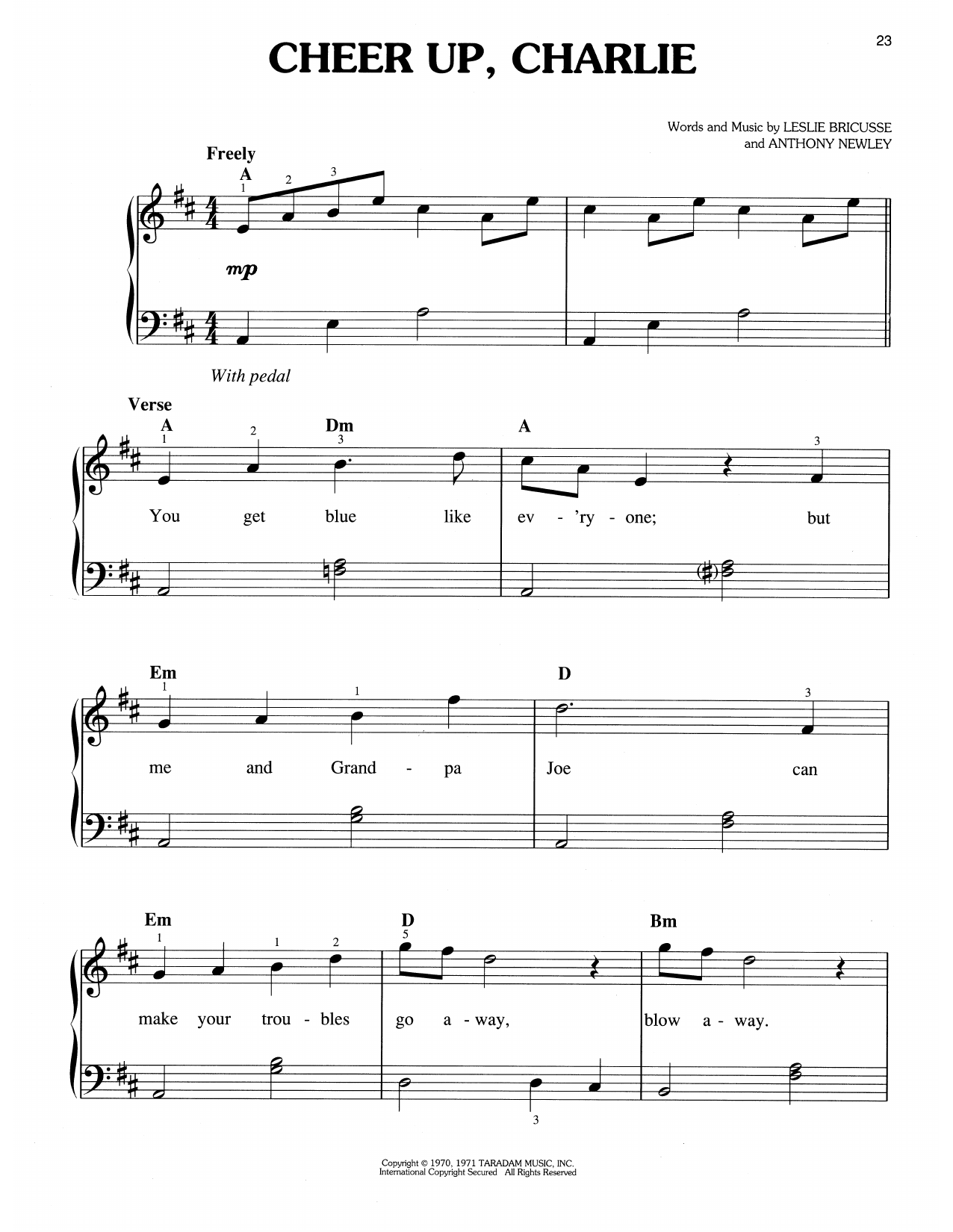 Leslie Bricusse & Anthony Newley Cheer Up, Charlie (from Willy Wonka & The Chocolate Factory) sheet music notes and chords arranged for Easy Piano