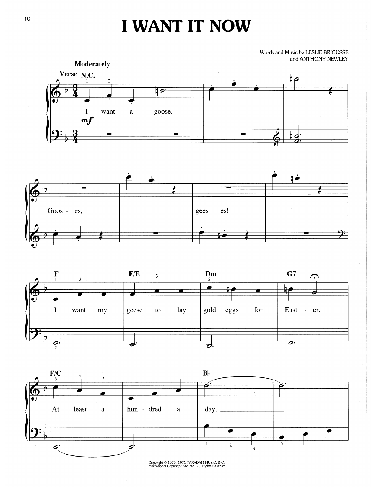 Leslie Bricusse & Anthony Newley I Want It Now (from Willy Wonka & The Chocolate Factory) sheet music notes and chords arranged for Easy Piano