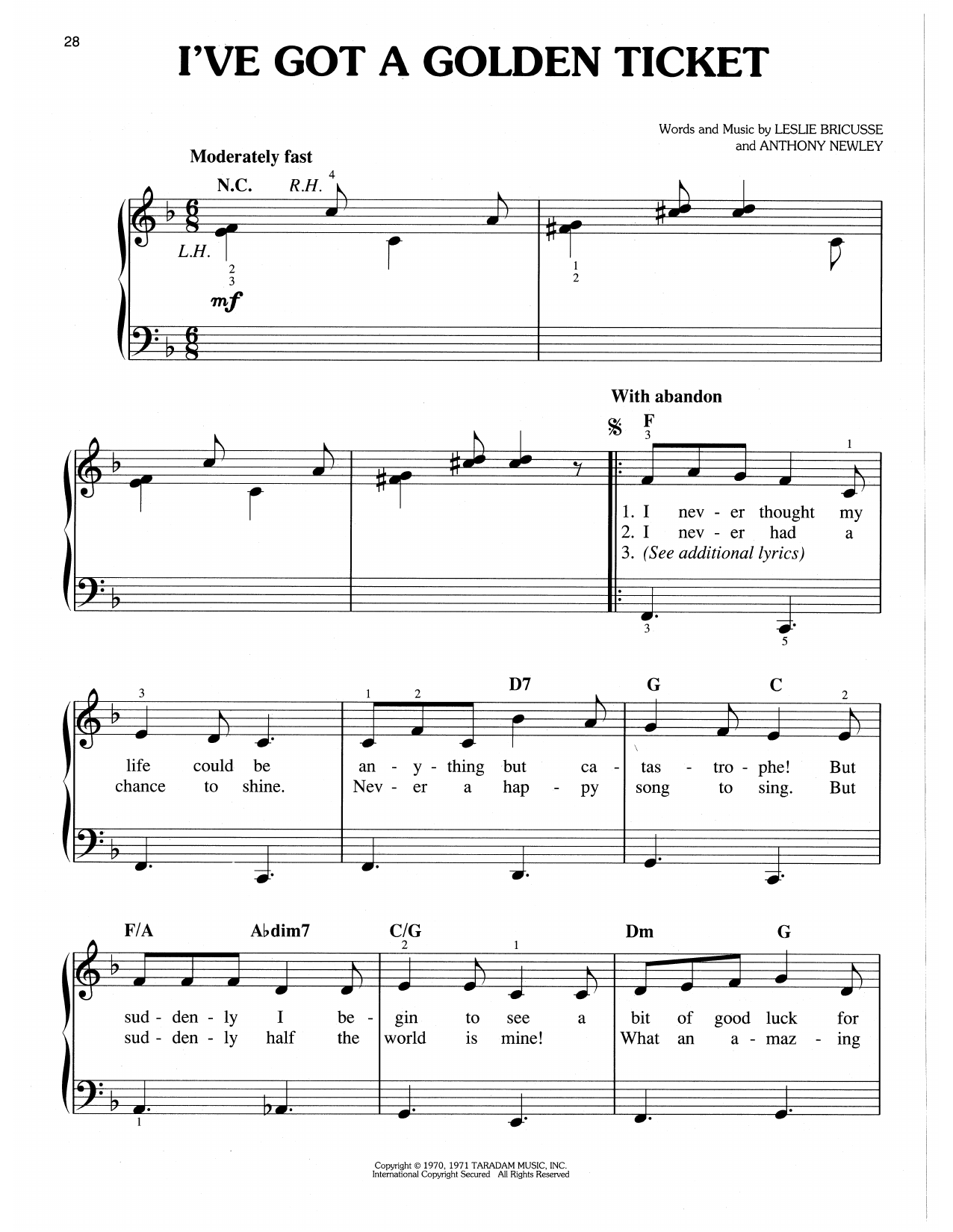 Leslie Bricusse & Anthony Newley I've Got A Golden Ticket (from Willy Wonka & The Chocolate Factory) sheet music notes and chords arranged for Easy Piano