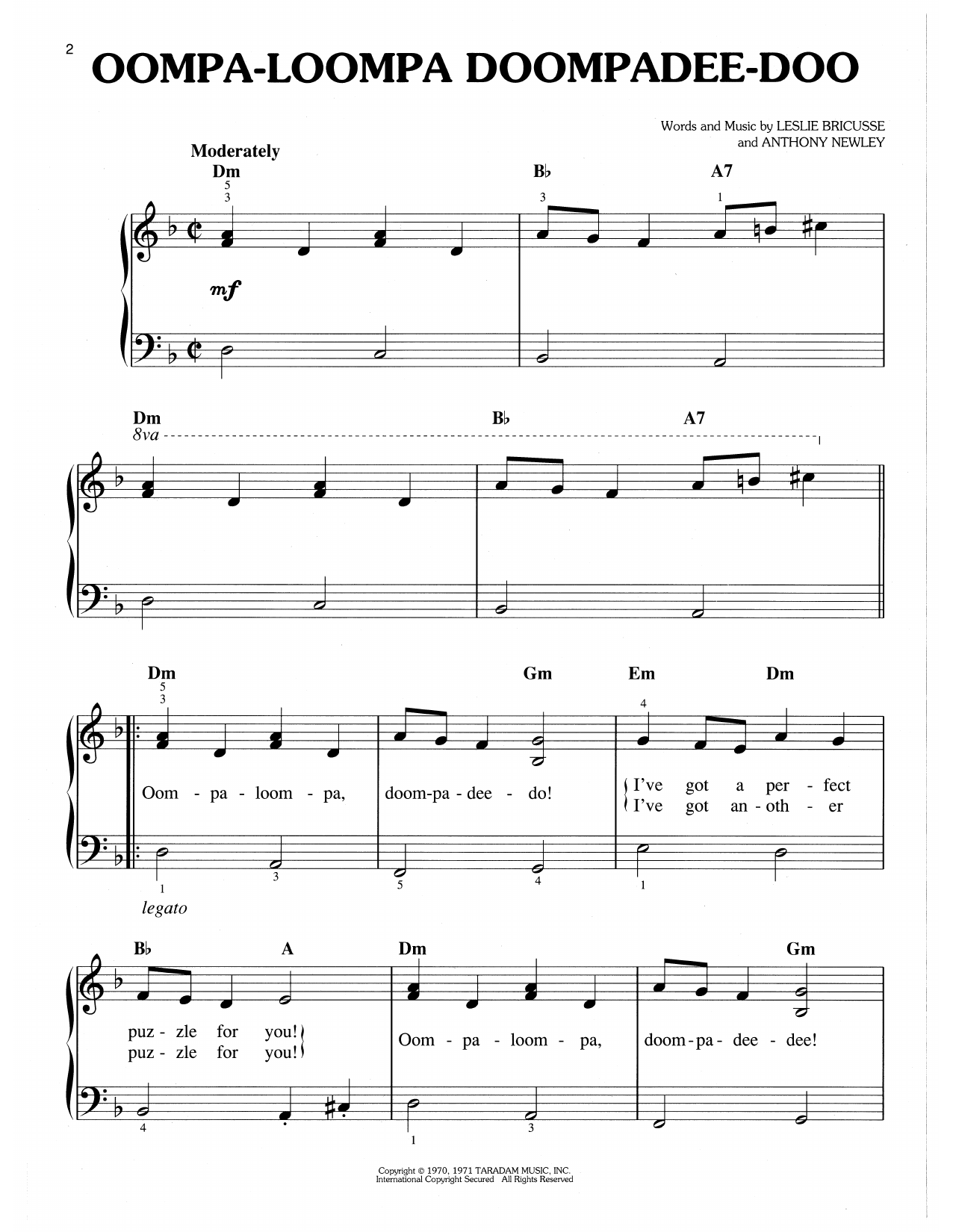 Leslie Bricusse & Anthony Newley Oompa-Loompa-Doompadee-Doo (from Willy Wonka & The Chocolate Factory) sheet music notes and chords arranged for Easy Piano