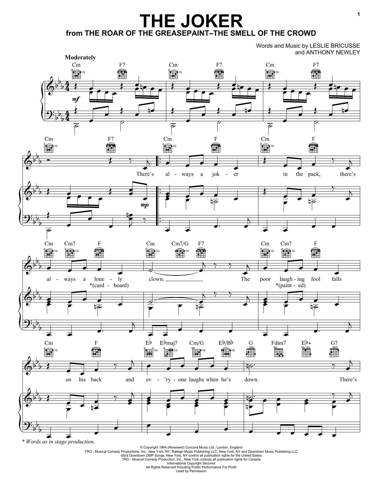 Leslie Bricusse & Anthony Newley The Joker (from The Roar of the Greasepaint - The Smell of the Crowd) sheet music notes and chords arranged for Piano, Vocal & Guitar Chords (Right-Hand Melody)