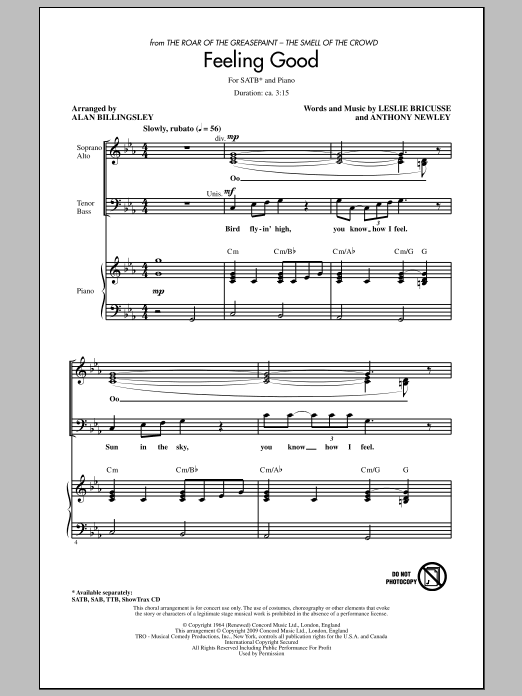 Leslie Bricusse and Anthony Newley Feeling Good (arr. Alan Billingsley) sheet music notes and chords arranged for SATB Choir