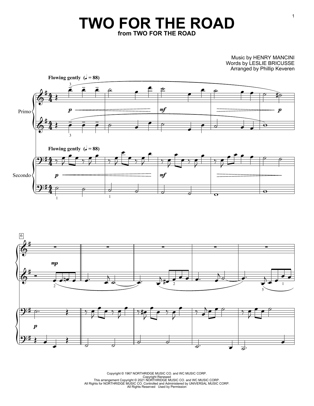 Leslie Bricusse and Henry Mancini Two For The Road (arr. Phillip Keveren) sheet music notes and chords arranged for Piano Duet