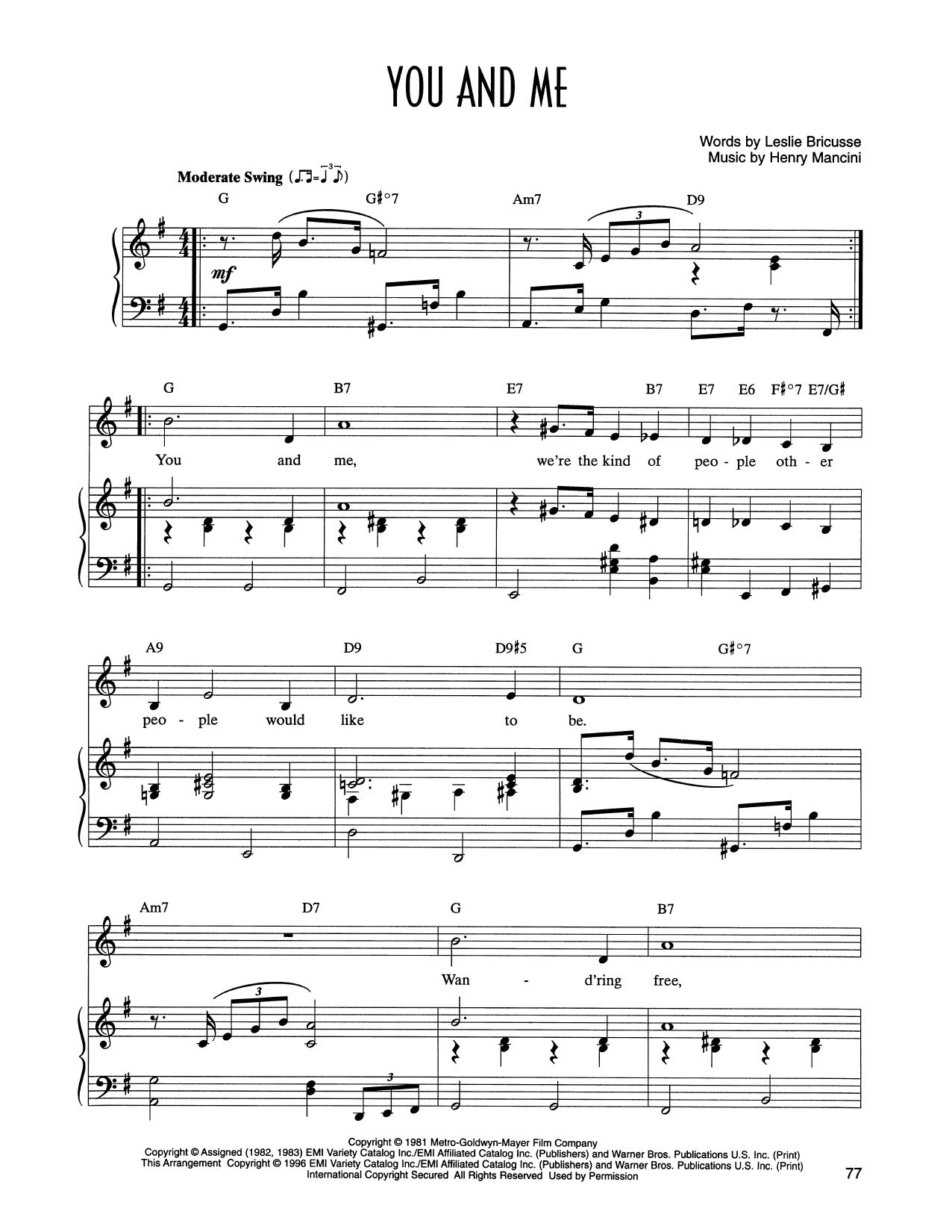 Leslie Bricusse and Henry Mancini You And Me (from Victor/Victoria) sheet music notes and chords arranged for Piano & Vocal