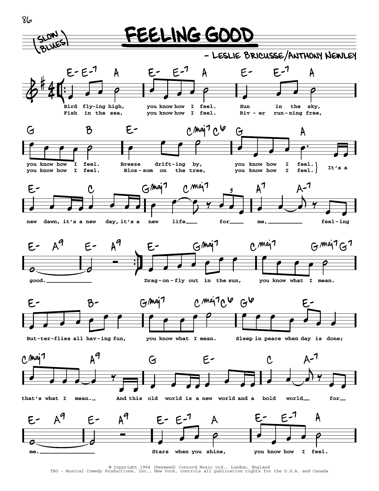 Leslie Bricusse Feeling Good (High Voice) sheet music notes and chords arranged for Real Book – Melody, Lyrics & Chords