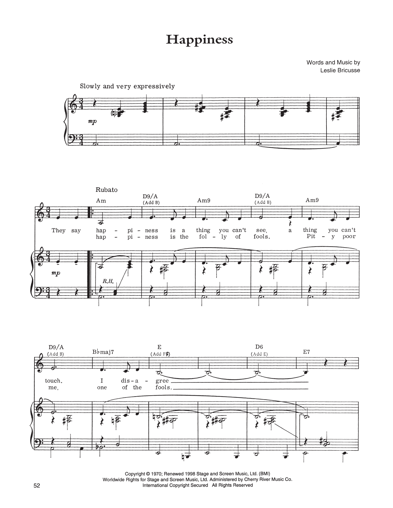Leslie Bricusse Happiness sheet music notes and chords arranged for Piano, Vocal & Guitar Chords (Right-Hand Melody)