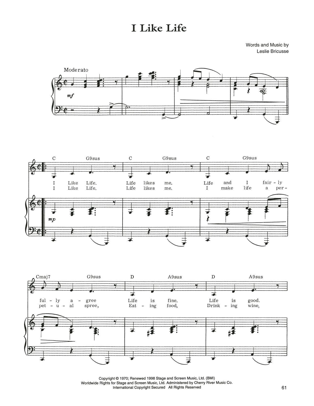 Leslie Bricusse I Like Life sheet music notes and chords arranged for Piano, Vocal & Guitar Chords (Right-Hand Melody)