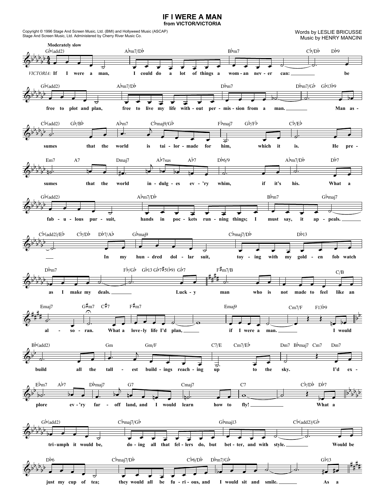 Leslie Bricusse If I Were A Man sheet music notes and chords arranged for Lead Sheet / Fake Book