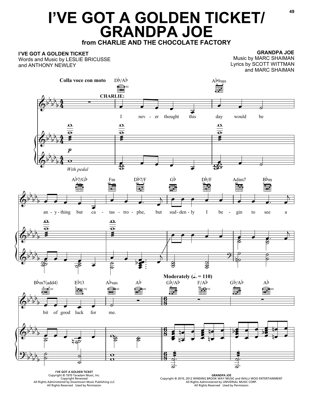 Leslie Bricusse I've Got A Golden Ticket / Grandpa Joe (from Charlie And The Chocolate Factory) sheet music notes and chords arranged for Piano, Vocal & Guitar Chords (Right-Hand Melody)