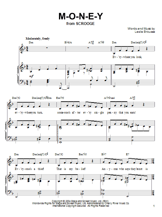 Leslie Bricusse M-O-N-E-Y sheet music notes and chords arranged for Piano, Vocal & Guitar Chords (Right-Hand Melody)