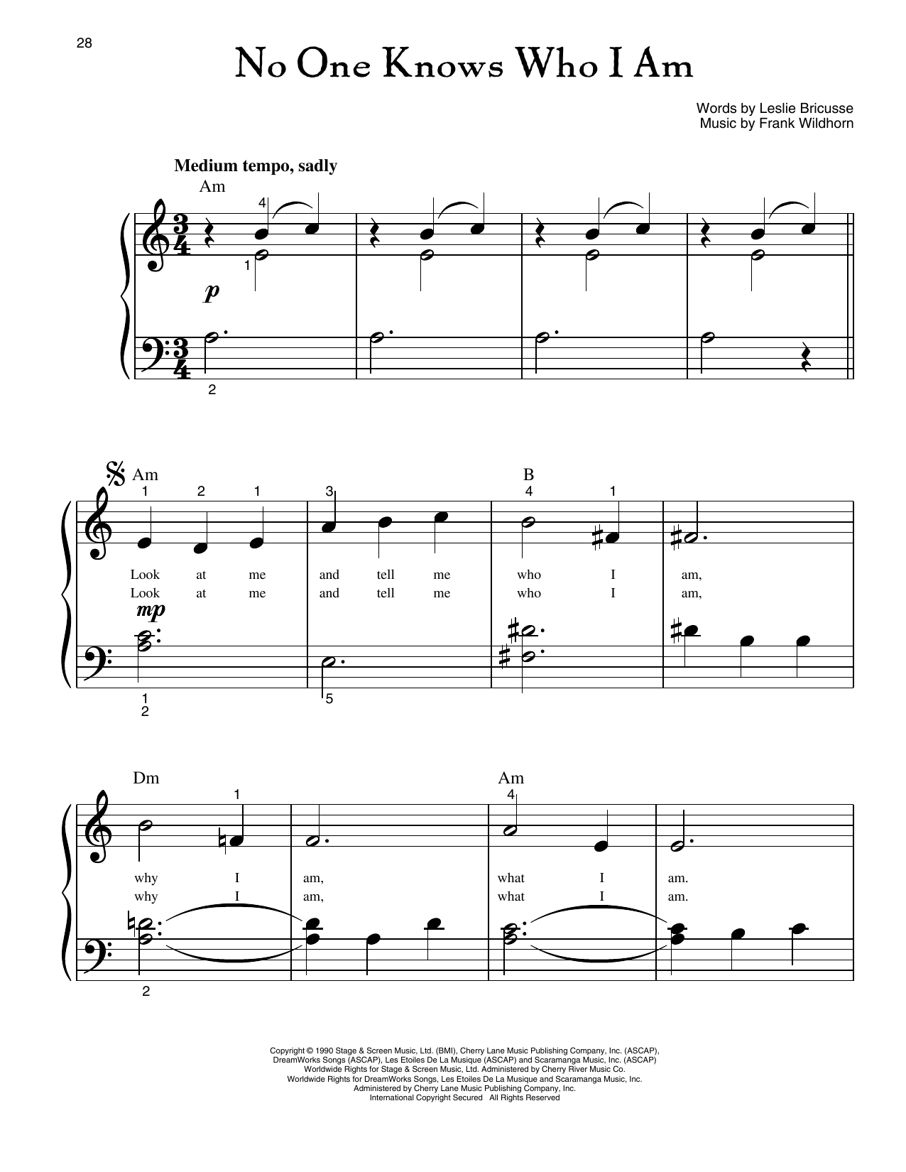 Leslie Bricusse No One Knows Who I Am (from Jekyll And Hyde) sheet music notes and chords arranged for Big Note Piano