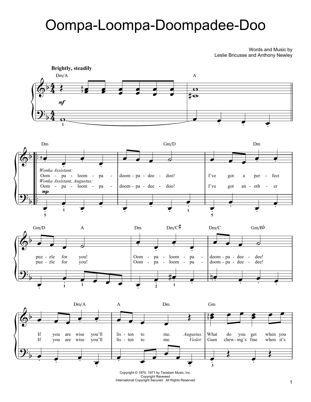 Leslie Bricusse Oompa-Loompa-Doompadee-Doo sheet music notes and chords arranged for Easy Piano