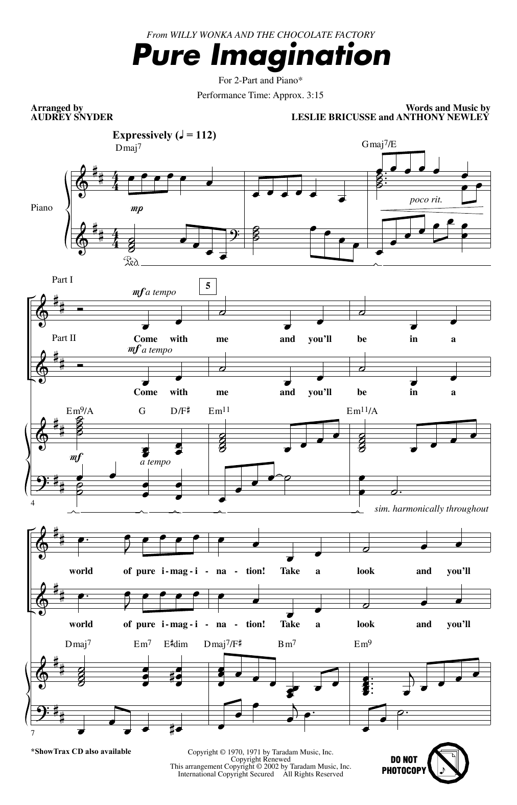Leslie Bricusse Pure Imagination (from Willy Wonka & The Chocolate Factory) (arr. Audrey Snyder) sheet music notes and chords arranged for 2-Part Choir