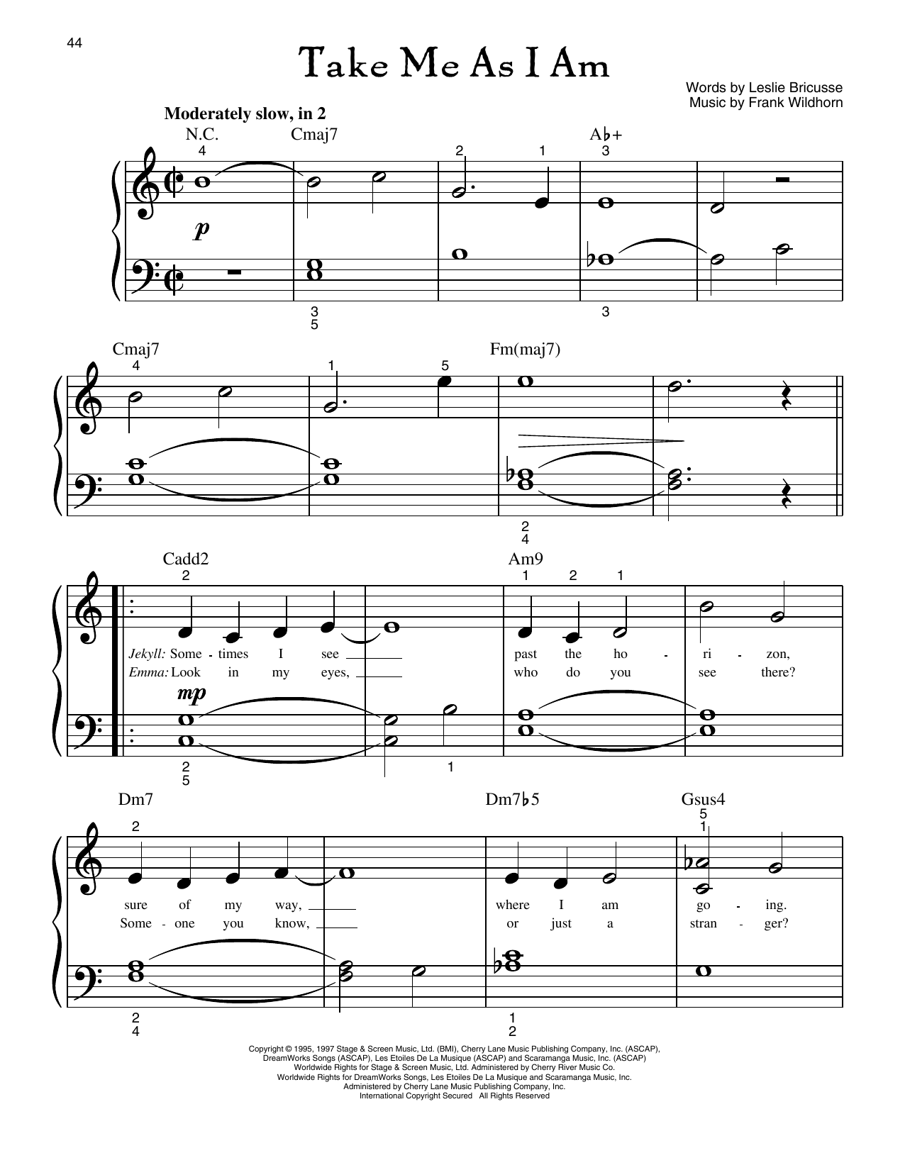 Leslie Bricusse Take Me As I Am (from Jekyll And Hyde) sheet music notes and chords arranged for Big Note Piano