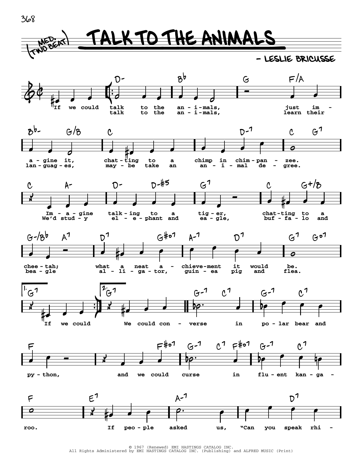 Leslie Bricusse Talk To The Animals (High Voice) sheet music notes and chords arranged for Real Book – Melody, Lyrics & Chords