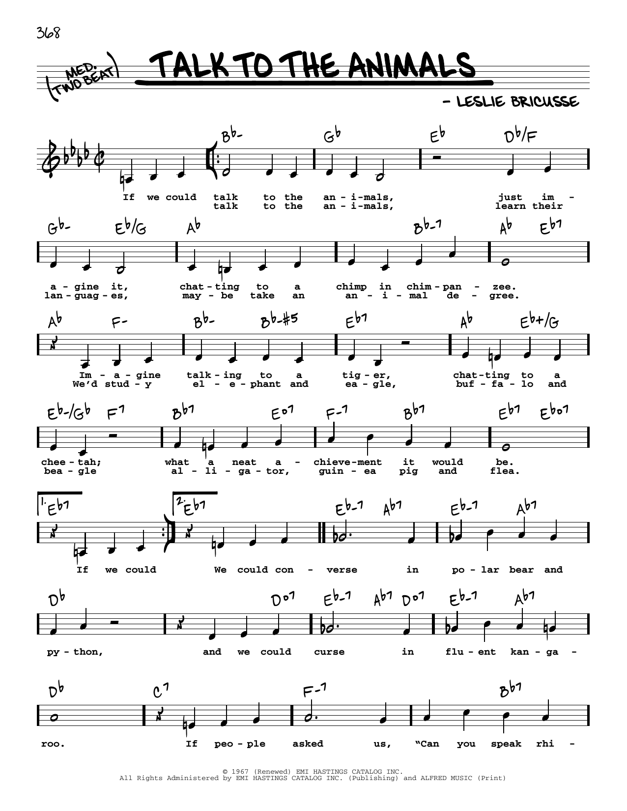 Leslie Bricusse Talk To The Animals (Low Voice) sheet music notes and chords arranged for Real Book – Melody, Lyrics & Chords