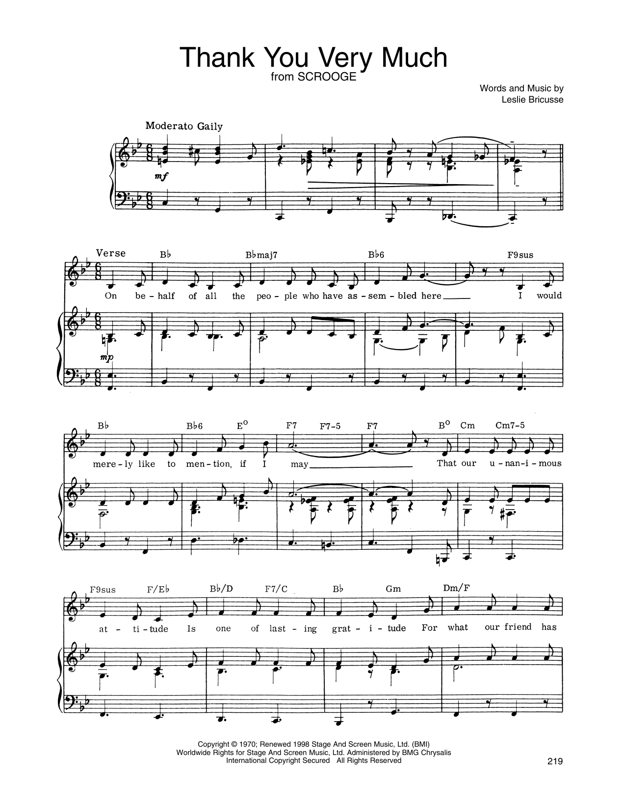 Leslie Bricusse Thank You Very Much (from Scrooge) sheet music notes and chords arranged for Piano, Vocal & Guitar Chords (Right-Hand Melody)