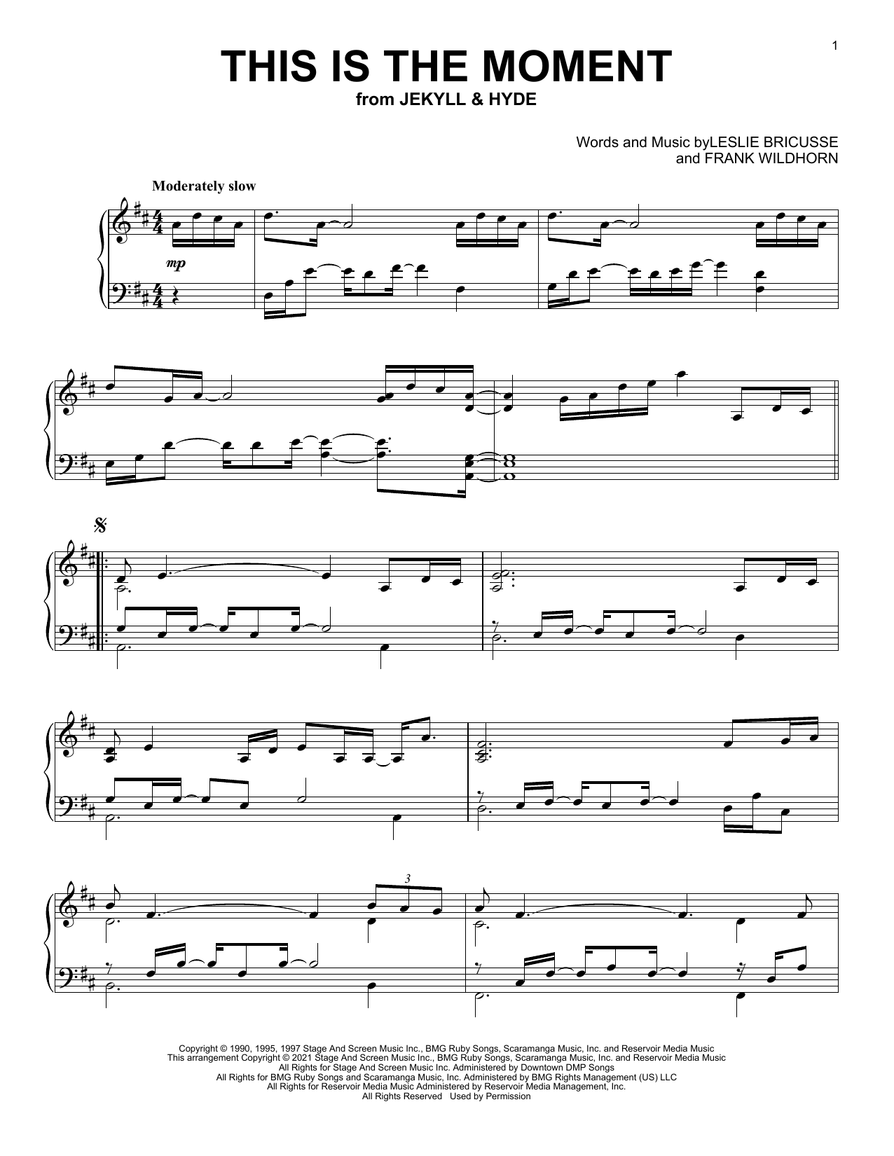 Leslie Bricusse This Is The Moment (from Jekyll & Hyde) sheet music notes and chords arranged for Piano Solo