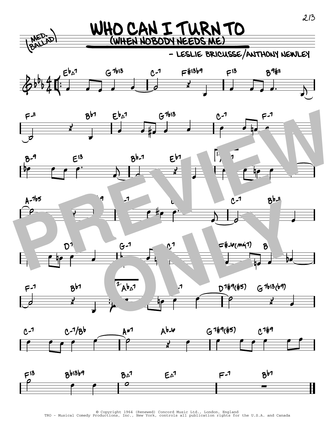 Leslie Bricusse Who Can I Turn To (When Nobody Needs Me) (arr. David Hazeltine) sheet music notes and chords arranged for Real Book – Enhanced Chords