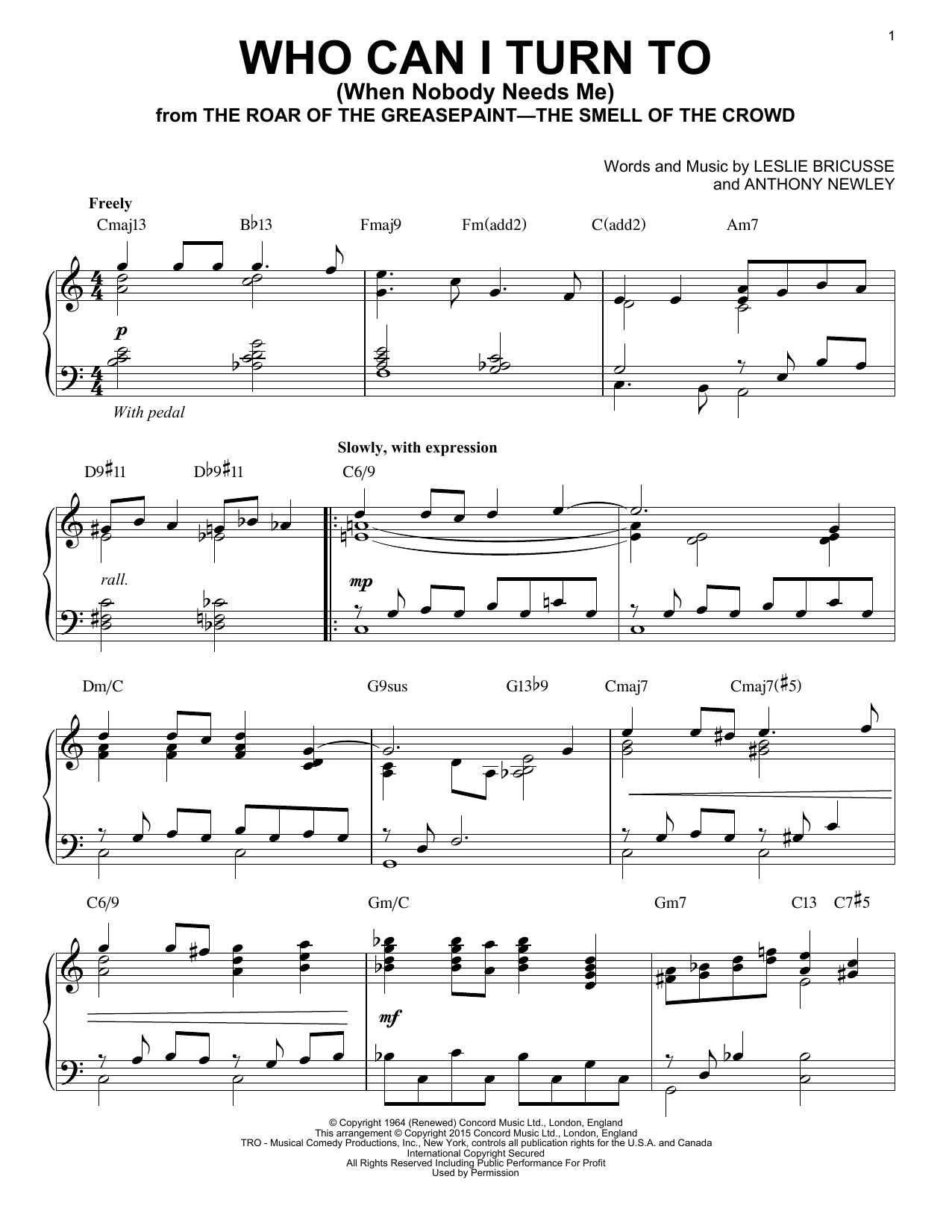 Leslie Bricusse Who Can I Turn To (When Nobody Needs Me) [Jazz version] (arr. Brent Edstrom) sheet music notes and chords arranged for Piano Solo