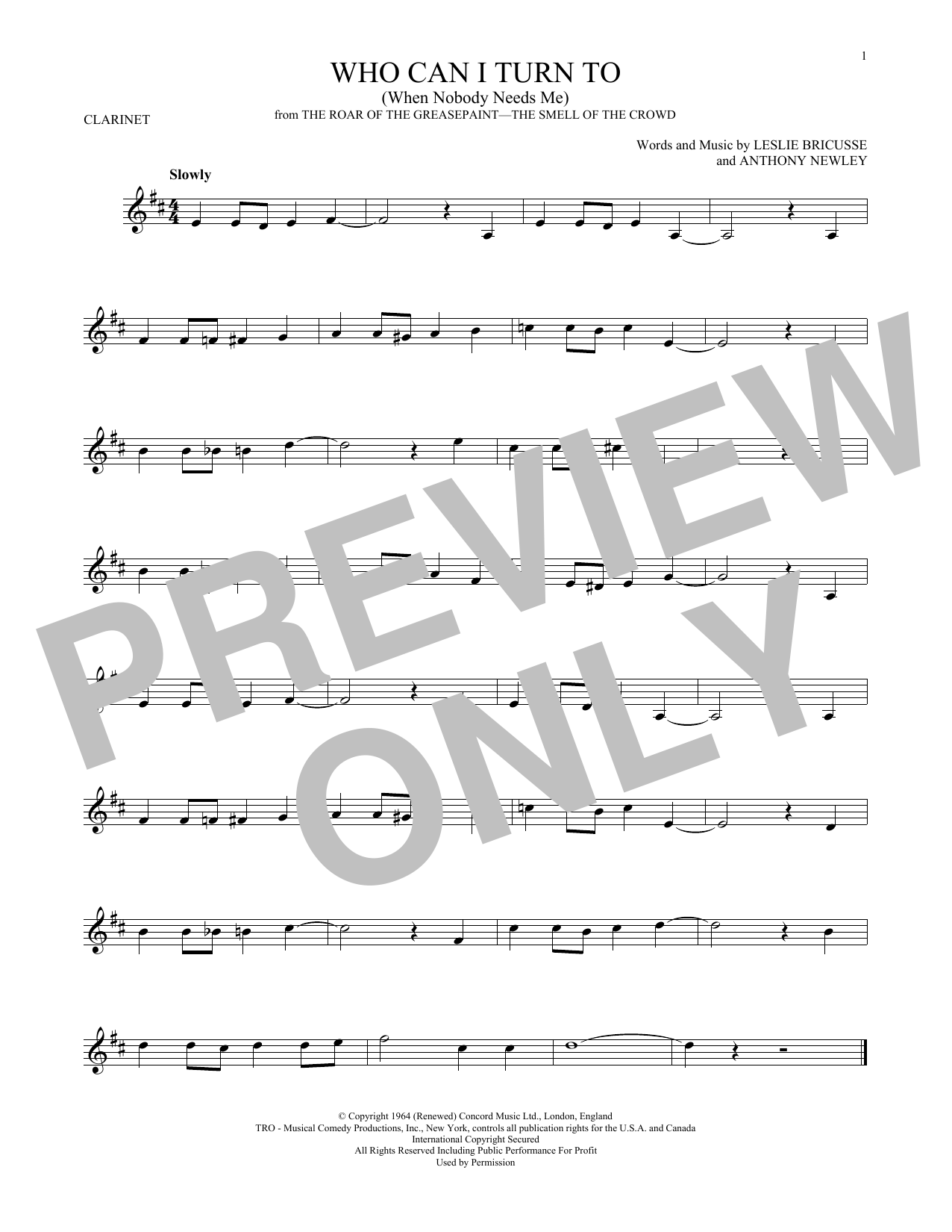 Leslie Bricusse Who Can I Turn To (When Nobody Needs Me) sheet music notes and chords arranged for French Horn Solo