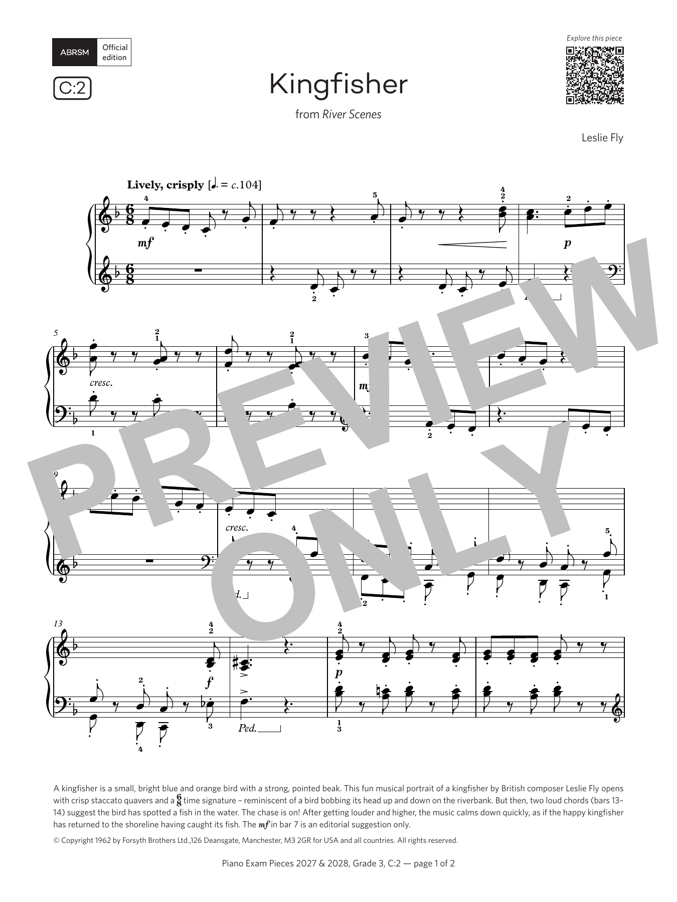 Leslie Fly Kingfisher (Grade 3, list C2, from the ABRSM Piano Syllabus 2027 & 2028) sheet music notes and chords arranged for Piano Solo