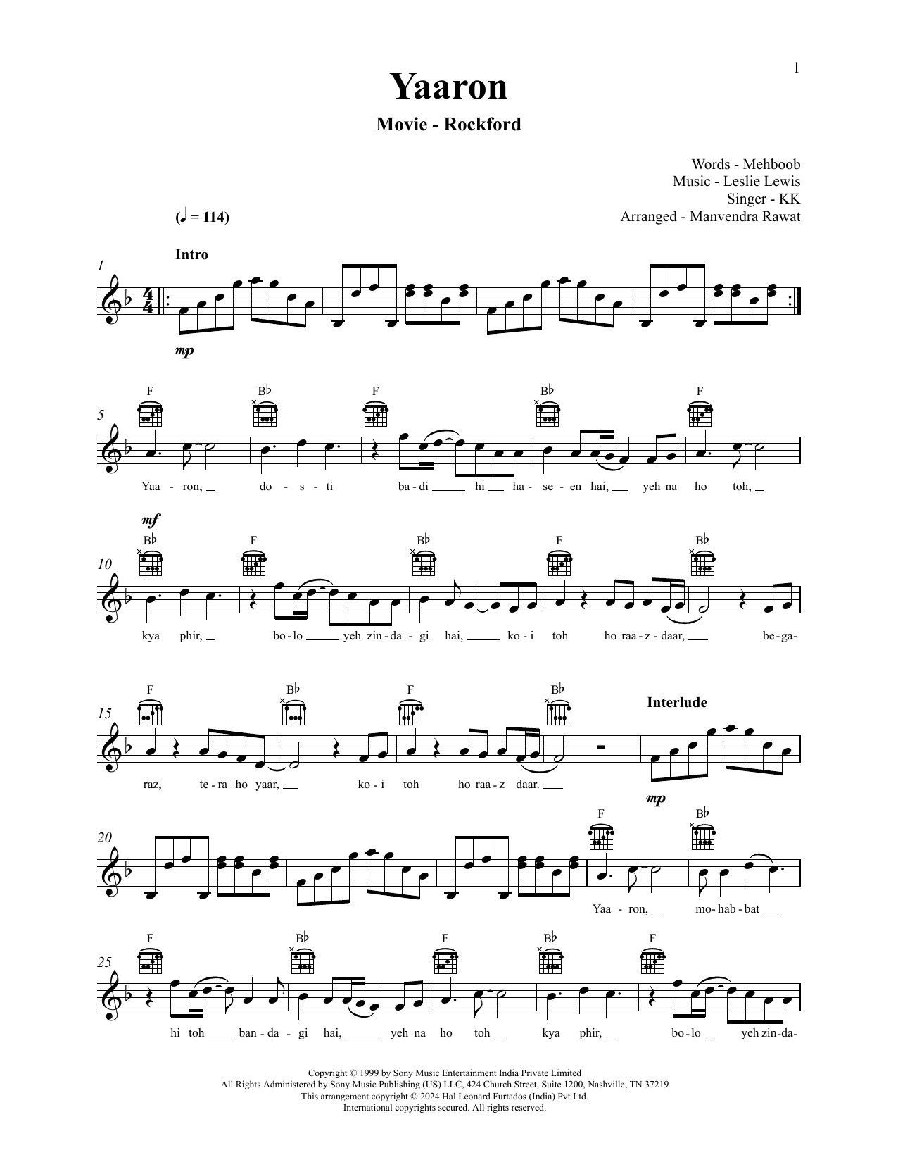 Leslie Lewis Yaaron (from Rockford) sheet music notes and chords arranged for Lead Sheet / Fake Book