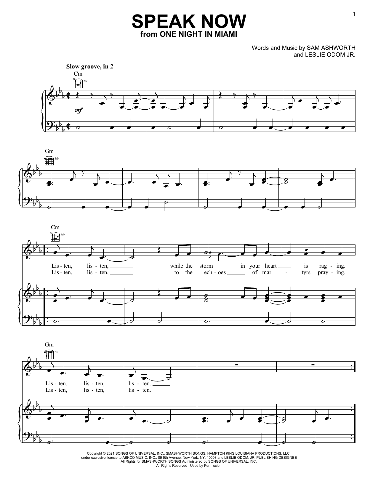 Leslie Odom Jr. Speak Now (from One Night In Miami...) sheet music notes and chords arranged for Piano, Vocal & Guitar Chords (Right-Hand Melody)