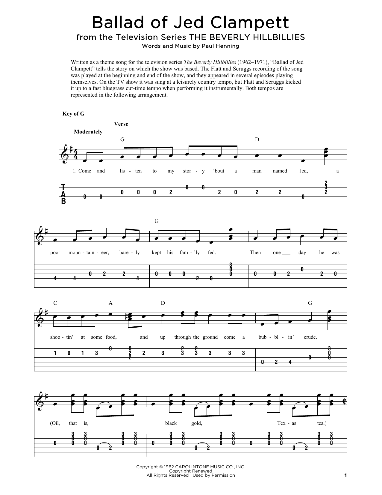 Lester Flatt & Earl Scruggs Ballad Of Jed Clampett (from The Beverly Hillbillies) (arr. Fred Sokolow) sheet music notes and chords arranged for Solo Guitar