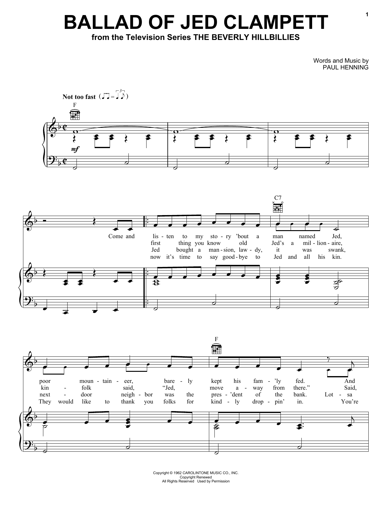 Lester Flatt & Earl Scruggs Ballad Of Jed Clampett (from The Beverly Hillbillies) sheet music notes and chords arranged for Piano, Vocal & Guitar Chords (Right-Hand Melody)