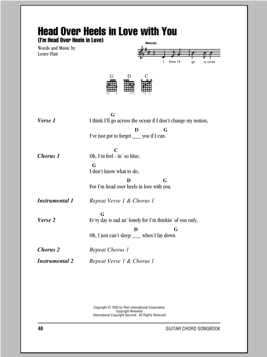 Lester Flatt Head Over Heels In Love With You (I'm Head Over Heels In Love) sheet music notes and chords arranged for Real Book – Melody, Lyrics & Chords