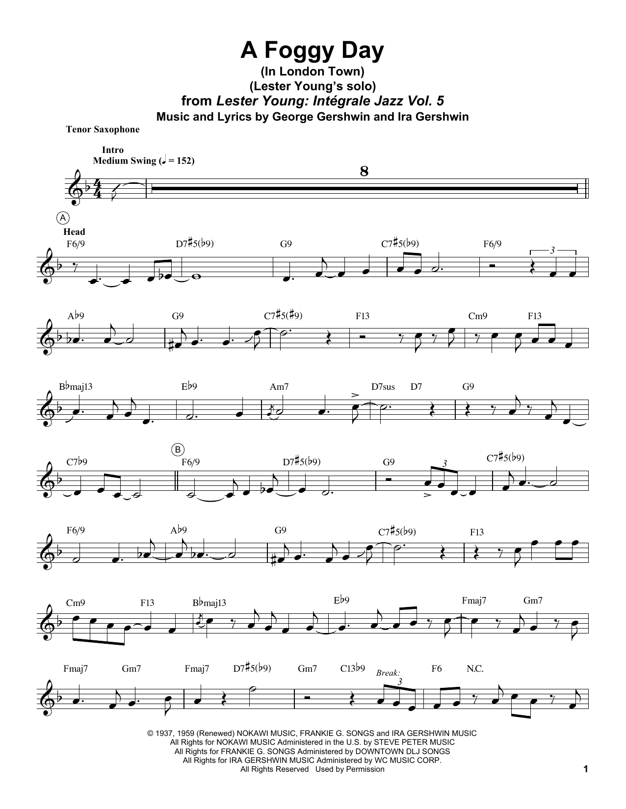 Lester Young A Foggy Day (In London Town) sheet music notes and chords arranged for Tenor Sax Transcription