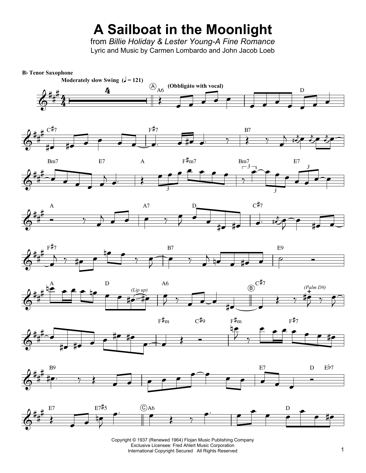 Lester Young A Sailboat In The Moonlight sheet music notes and chords arranged for Tenor Sax Transcription