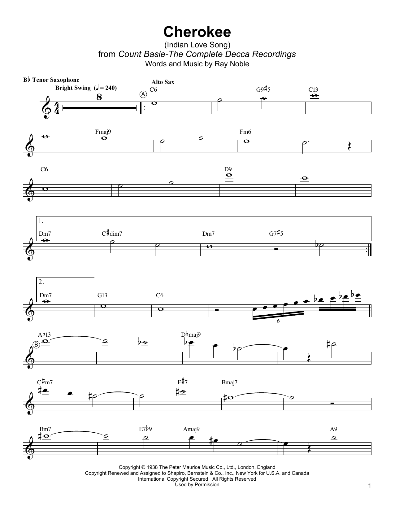Lester Young Cherokee (Indian Love Song) sheet music notes and chords arranged for Tenor Sax Transcription