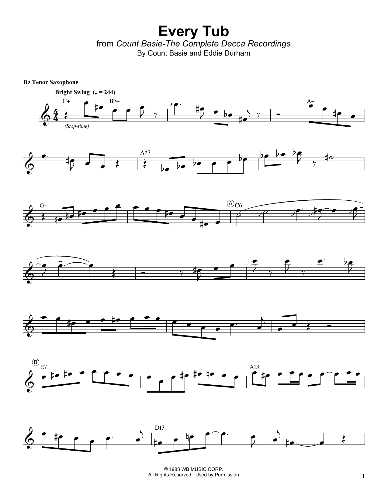 Lester Young Every Tub sheet music notes and chords arranged for Tenor Sax Transcription