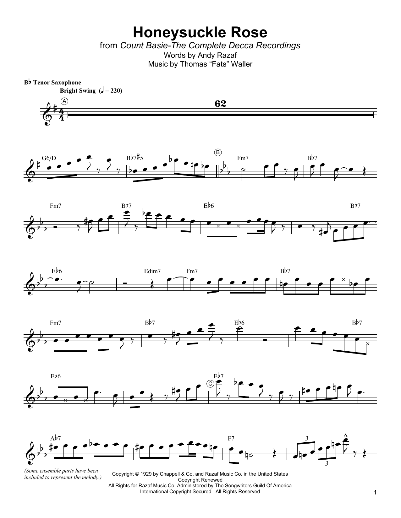 Lester Young Honeysuckle Rose sheet music notes and chords arranged for Tenor Sax Transcription
